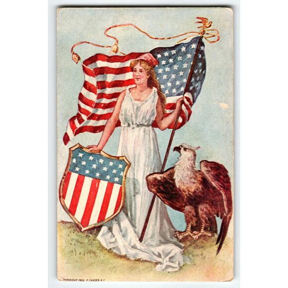 4th Of July Postcard Lady Liberty American Eagle USA Flag P Sander 1916 Embossed - Picture 1 of 2